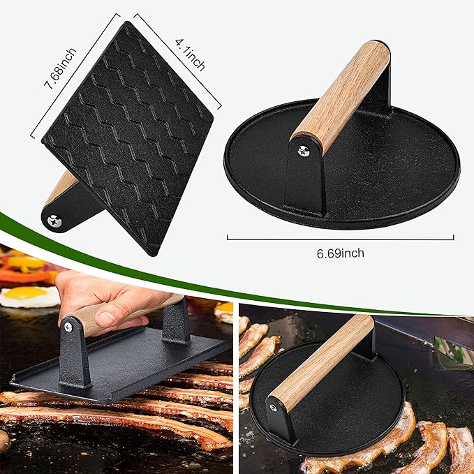 POLIGO Smash Burger Press Kit - 4 in 1 Stuffed Burger Mold, Cast Iron Burger Presses, Sauce Brushes Included - Non Stick Smash Burger Press Set for Grill and Griddle Cooking, Black Round and Rectangle