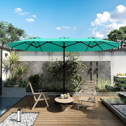 Kingdura 13ft Large Patio Umbrella with Base Included, Double-Sided Rectangle Outdoor Table Umbrella with 12 Reinforced Ribs, Crank Lift for Market Pool Deck Backyard, Tiffany blue