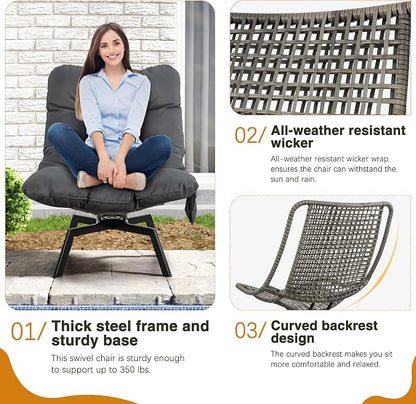 Shintenchi Outdoor Wicker Swivel Chair,Grey Rattan Patio Rotating Chair with Cushion,360° Rotation Patio Lounge Chairs for Living Room Bedroom Backyard Balcony(Grey Cushion)