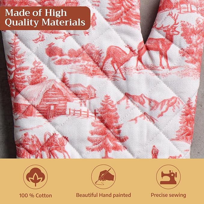 Maison d'Hermine Oven Gloves 100% Cotton Oven Mitt (7" x 13", Pack of 1) | With Loop Heat Resistant BBQ Cooking Gloves Baking Kitchen Handling Hot Pans Thanksgiving Christmas - Winter Jouy