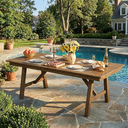 Garvee Outdoor Patio Dining Table for 4-6, 66.9" Long Outdoor HDPE Garden Dining Table with Umbrella Hole, Aluminum Frame, Triangular Legs, Waterproof, All-Weather for Backyard, Poolside, Natural