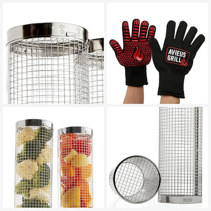 AVIEUS GRILL Rolling Grill Basket | Rolling Grilling Baskets for Outdoor Grilling 2 Pcs | Barbecue Grill Set with BBQ Gloves | Portable Camping Net Rack Perfect for Vegetables, Seafood & Meat