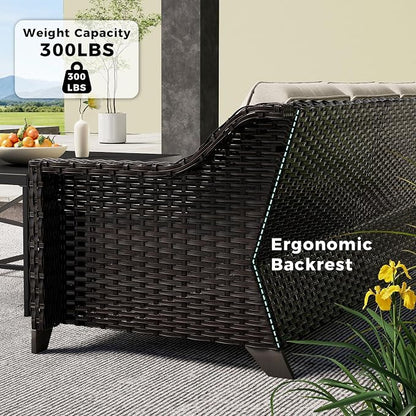 6 Piece Patio Furniture Set, Wicker Outdoor Conversation Set | Patio Chair Set with Olefin Removable Cushion, All-Weather Outdoor Couch with Deep Seat for Porch, Deck and Backyard, Beige