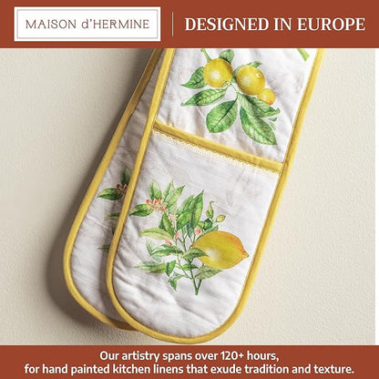 Maison d' Hermine Double Oven Mitts 100% Cotton 7"x35" Double Oven Mitt Heat Resistant BBQ Cooking Gloves with Loop Baking Grilling Kitchen Hotel Home Farmhouse Spring Summer (Limoncello)