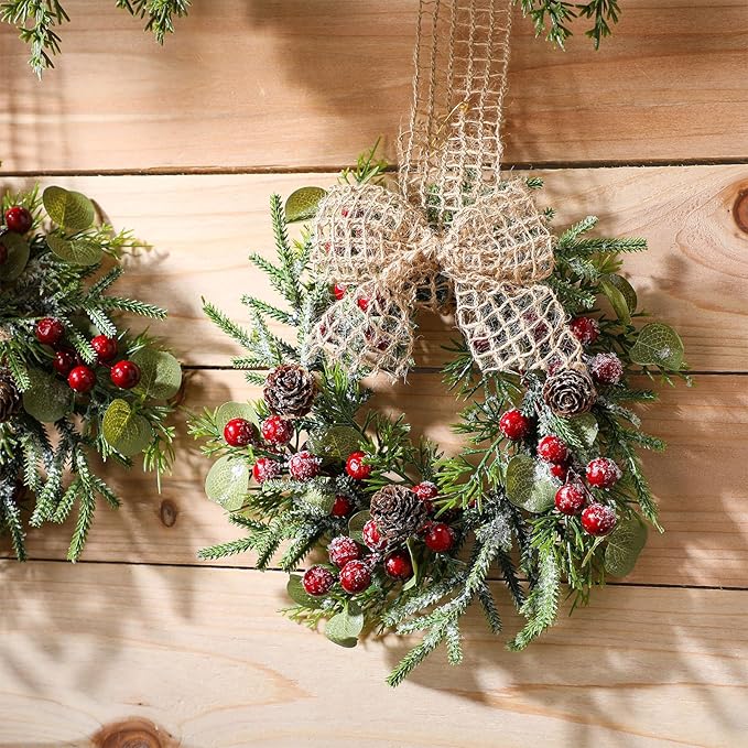Dingion 4 Pcs Small Christmas Wreaths for Cabinet Kitchen Decor Mini Artificial Wreath 9 Inch Faux Garland with Burlap Ribbon for Vintage Retro Home Table Candle Porch Window Indoor Outdoor Decor