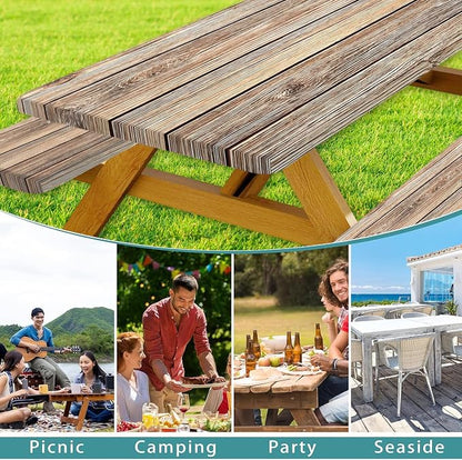 Picnic Table Cover with Bench Covers Camping Essentials Farmhouse Waterproof Windproof Wood Grain Camping Tablecloth Fitted Tablecloth Cover with Elastic Edge for Indoor & Outdoor 3 PCS 30x60 Inch