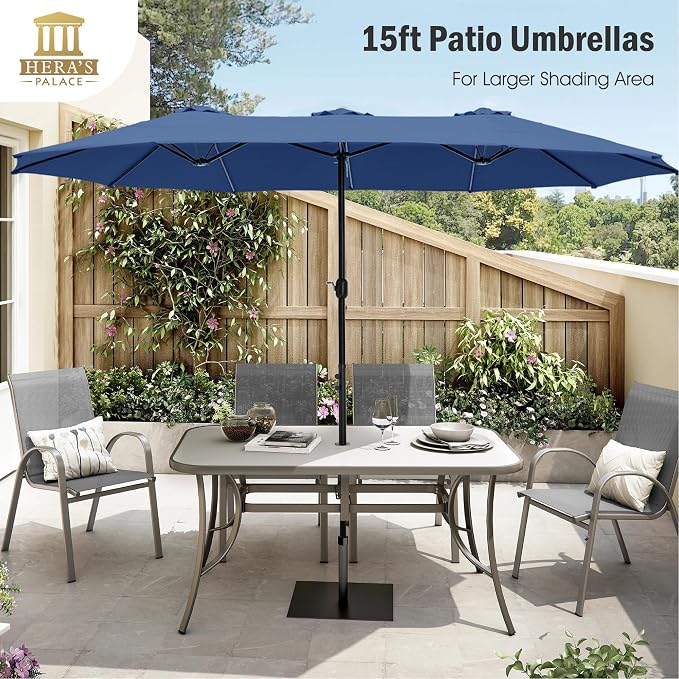 HERA'S PALACE 15ft Patio Umbrella, Base Included, Rectangular, Haze Blue | outdoor, table, large, 15, rectangle, double, pool, stand, clearance, outside, triple, shade, sun