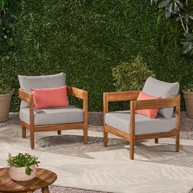 Christopher Knight Home Nadine Acacia Wood Club Chairs Set of 2, Outdoor Accent Chair, Tub Shape Design Armchair, Comfort Cushion Seating, Slat Open Back Reading Sofa for Balcony Garden, Teak+Gray