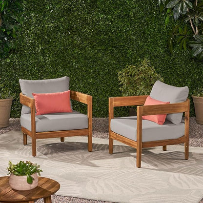 Christopher Knight Home Nadine Acacia Wood Club Chairs Set of 2, Outdoor Accent Chair, Tub Shape Design Armchair, Comfort Cushion Seating, Slat Open Back Reading Sofa for Balcony Garden, Teak+Gray