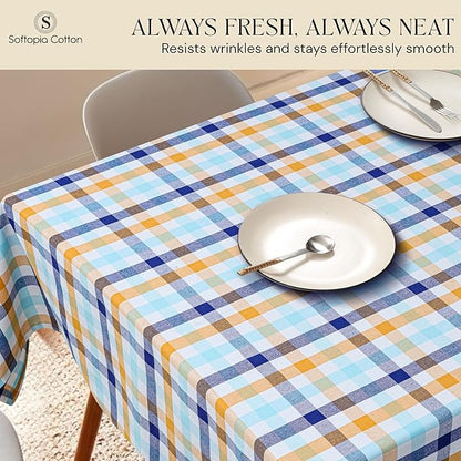 Gingham Check Tablecloth, 52x70 Inches, 100% Cotton, Washable, Table Cover for Summer Parties, Holidays and Everyday Dining, Indigo Blue - Mustard Yellow - Aqua Blue and White Plaid
