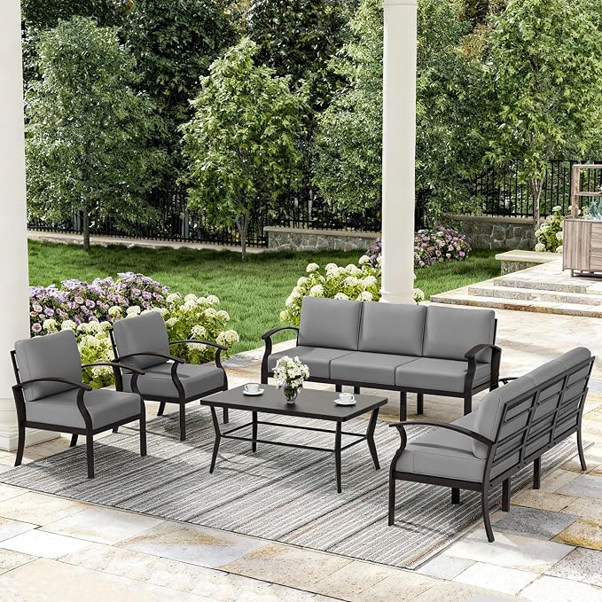 ALAULM Aluminum Patio Furniture Set with Coffee Table Rectangular, 8-seat Outdoor Sectional Furniture w/5.1" Cushions, Patio Conversation Set for Porch, Backyard, Poolside-Grey