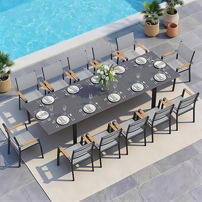 Wisteria Lane 9 Piece Aluminum Outdoor Dining Sets with 3-Adjustable Length Dining Table, 121" L×39.4" W Expandable Patio Table and Chairs Set for 8, Stackable Chairs with Quick Drying Fabric, Grey
