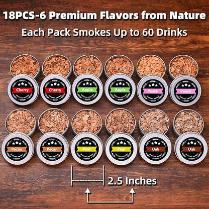 18Pcs Wood Chips for Smoker, Natural Cocktail Smoker Chips Kit-Apple, Pecan, Cherry, Oak, Pear, Peach for Whiskey Lover, Bourbon, Men, Dad, Husband, Home Bar, Drinks, Smoker Accessory