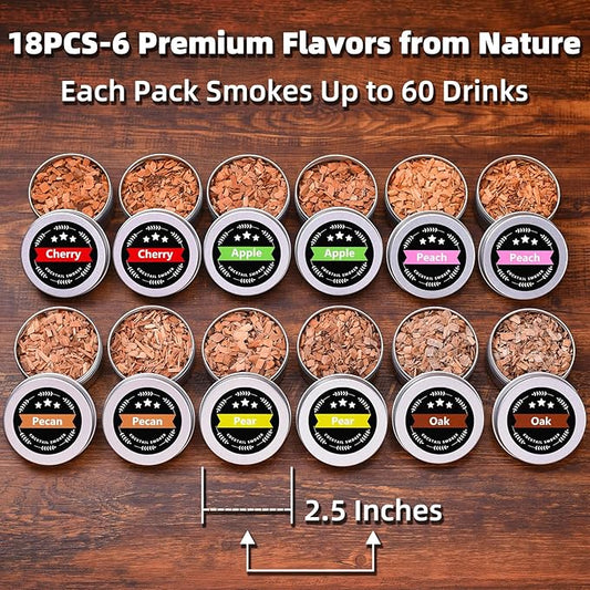 18Pcs Wood Chips for Smoker, Natural Cocktail Smoker Chips Kit-Apple, Pecan, Cherry, Oak, Pear, Peach for Whiskey Lover, Bourbon, Men, Dad, Husband, Home Bar, Drinks, Smoker Accessory
