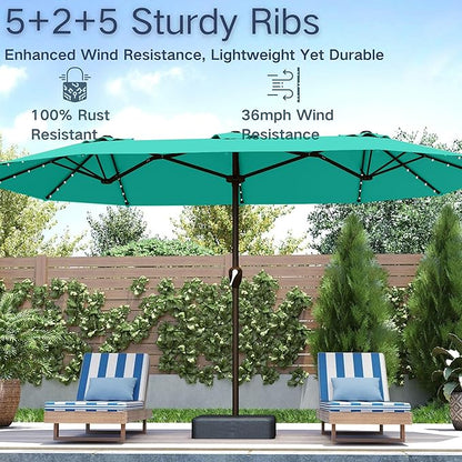 Kingdura 15ft Large Patio Umbrella with Solar Lights, Double-Sided Rectangle Outdoor Table Umbrella with Base Included, 12 Reinforced Ribs, 48 Led Lights, Crank Lift for Market Pool Deck, Tiffany blue
