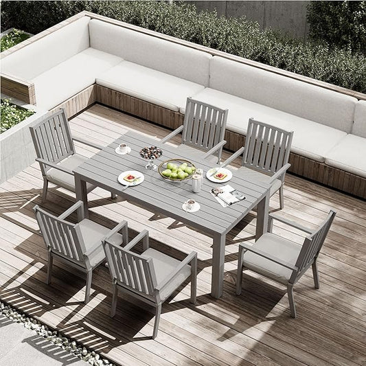 RoyalCraft Aluminum 7 Pieces Patio Dining Sets, Outdoor Dining Table with 6 Chairs, Outdoor Patio Dining Furniture Set with Removable Cushion for Lawn, Garden, Backyard, Gray