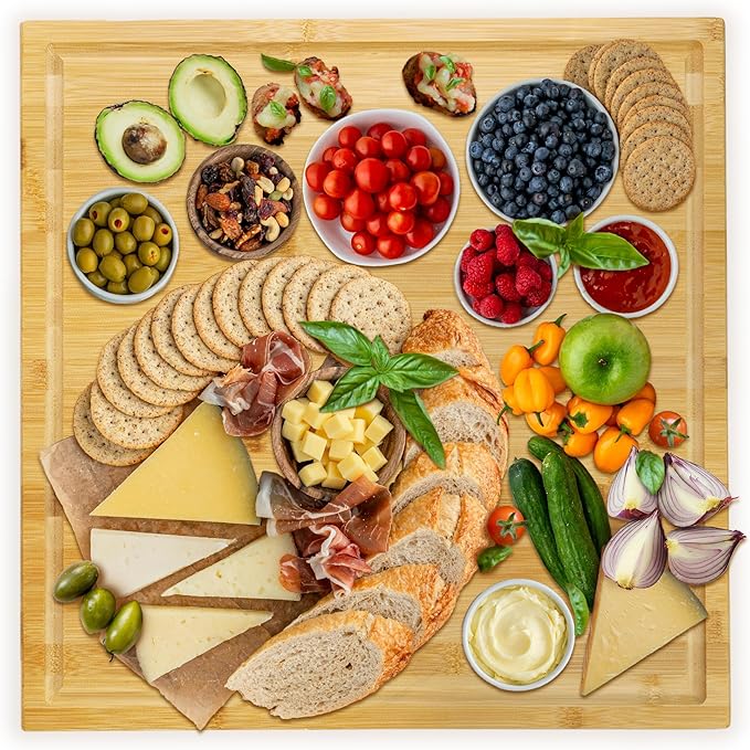 Utoplike Bamboo Cutting Board 20 x 20 inch, Large Wood Chopping Board for Kitchen, Meat, Vegetables, BBQ, Square Butcher Block with Juice Groove and handle, 1"Th