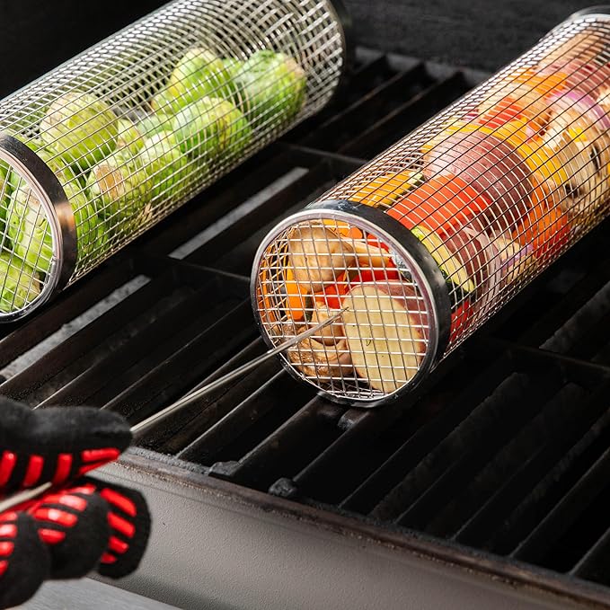 AVIEUS GRILL Rolling Grill Basket | Rolling Grilling Baskets for Outdoor Grilling 2 Pcs | Barbecue Grill Set with BBQ Gloves | Portable Camping Net Rack Perfect for Vegetables, Seafood & Meat