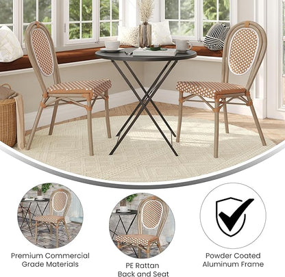 Flash Furniture Lourdes Indoor/Outdoor Commercial Thonet French Bistro Stack Chair - NAT/White PE Rattan Back and Seat - Light Natural Bamboo Print Metal Frame - 2 PK