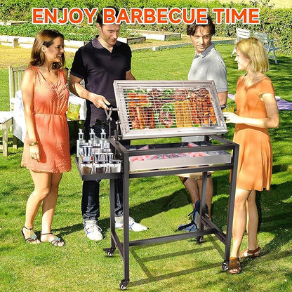 Floor-Standing Rotisserie Grill - 360 Rotating Stainless Steel Flipping Barbecue with Foldable for Outdoor Camping Backyard Includes Wheels Removable Ash Drawer (KA-6168L)