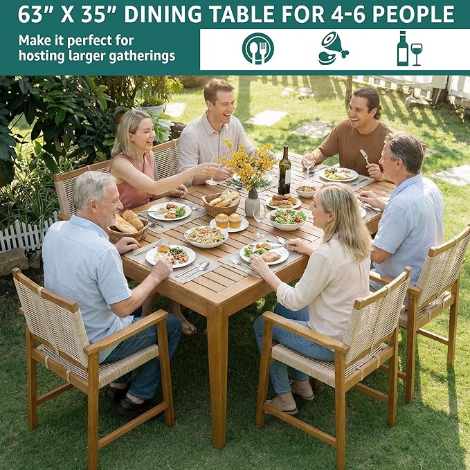 Acacia 7 Pieces Outdoor Dining Set for 6-Person, 63" L Classic Rectangular Table & 6 Handwoven Rope Chairs - Eucalyptus Grandis Solid Wood, Weather Resistant Patio Furniture Set, Natural