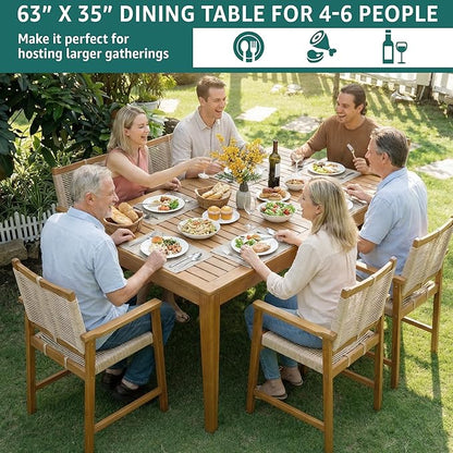Acacia 7 Pieces Outdoor Dining Set for 6-Person, 63" L Classic Rectangular Table & 6 Handwoven Rope Chairs - Eucalyptus Grandis Solid Wood, Weather Resistant Patio Furniture Set, Natural