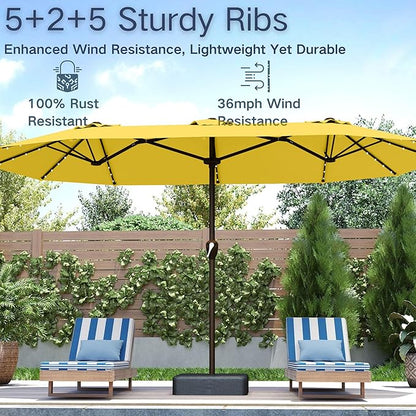 Kingdura 15ft Large Patio Umbrella with Solar Lights, Double-Sided Rectangle Lighted Outdoor Table Umbrella with Base Included, 12 Reinforced Ribs, 48 Led Lights, Crank Lift for Market Pool Deck Backyard, Yellow