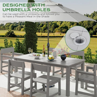 Jocoevol Patio Dining Sets 7 Piece HIPS Outdoor Dining Table Set with Umbrella Hole Table and 6 Chairs Furniture for Backyard Poolside Garden, Grey