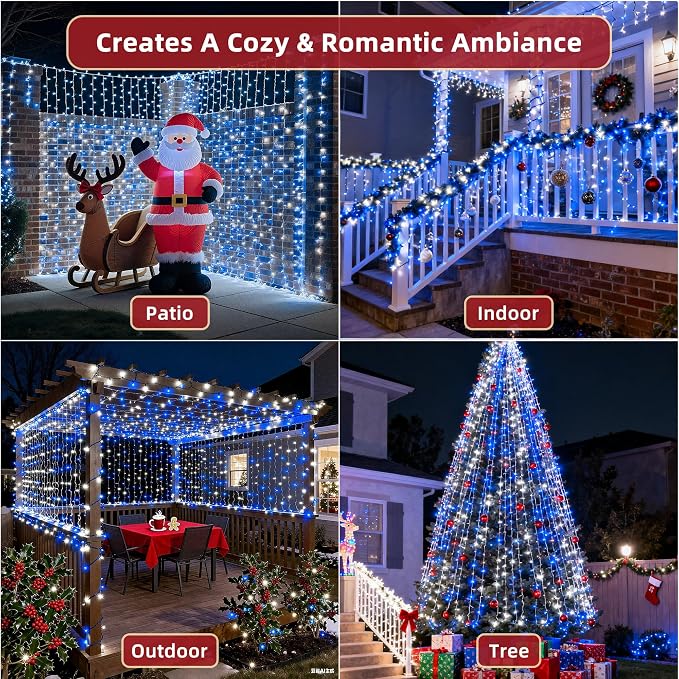 240FT Christmas Lights Outdoor, 750 LED Christmas Tree Decoration Lights with 12 Modes & Timer Memory, Dimmable Plug In Waterproof LED Xmas Light for Yard Trees Wedding Party Holiday Blue & White