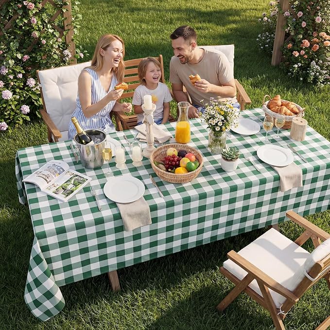 Softalker Spring Checkered Tablecloth Rectangle - Outdoor Waterproof Buffalo Plaid Table Cloth, Stain Resistant Gingham Table Cover for Picnic, Camping, Easter - Hunter Green and White, 60 x 120 Inch