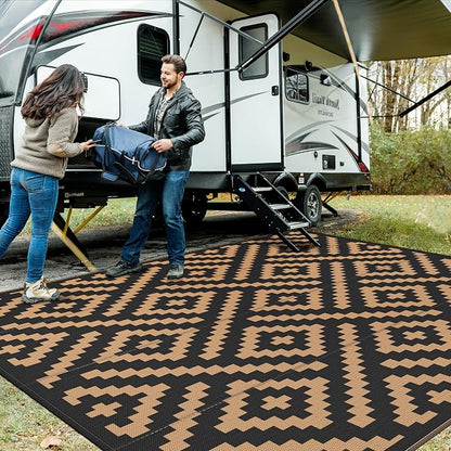 GENIMO Outdoor Rug, Waterproof Plastic Rugs for Patio, 10'x10' Black Brown | Outside Larger Modern Carpet Mat for Porch Decor, Deck, Camping, RV, Backyard, Balcony, Picnic, Beach, Reversible, Foldable