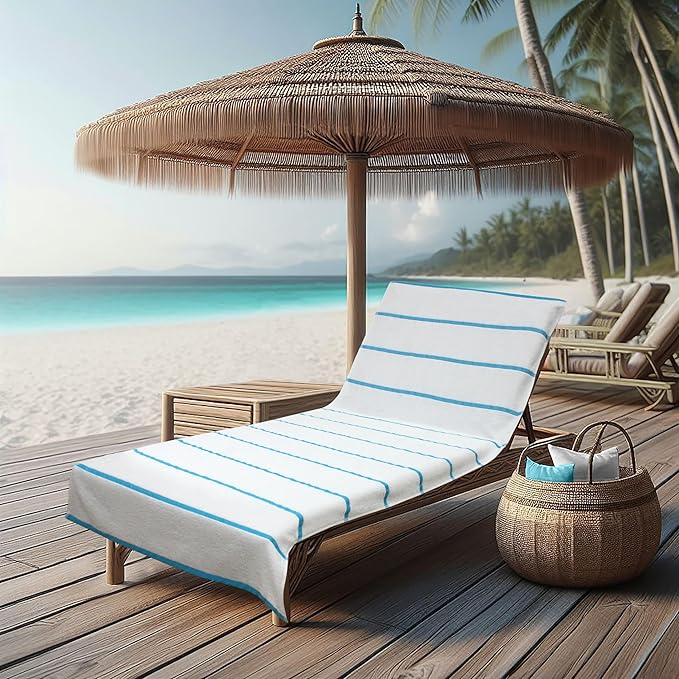 COTTON CRAFT Pool Lounge Chair Cover - 2 Pack Terry Towel Chaise Lounge Cover - Soft Cotton Absorbent Striped Towel Beach Chair Cover - Oversized 32 in W x 82 in Length x 7 in Pocket – White Aqua