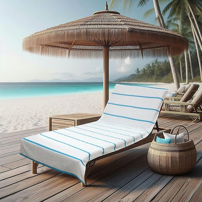 COTTON CRAFT Pool Lounge Chair Cover - 2 Pack Terry Towel Chaise Lounge Cover - Soft Cotton Absorbent Striped Towel Beach Chair Cover - Oversized 32 in W x 82 in Length x 7 in Pocket – White Aqua