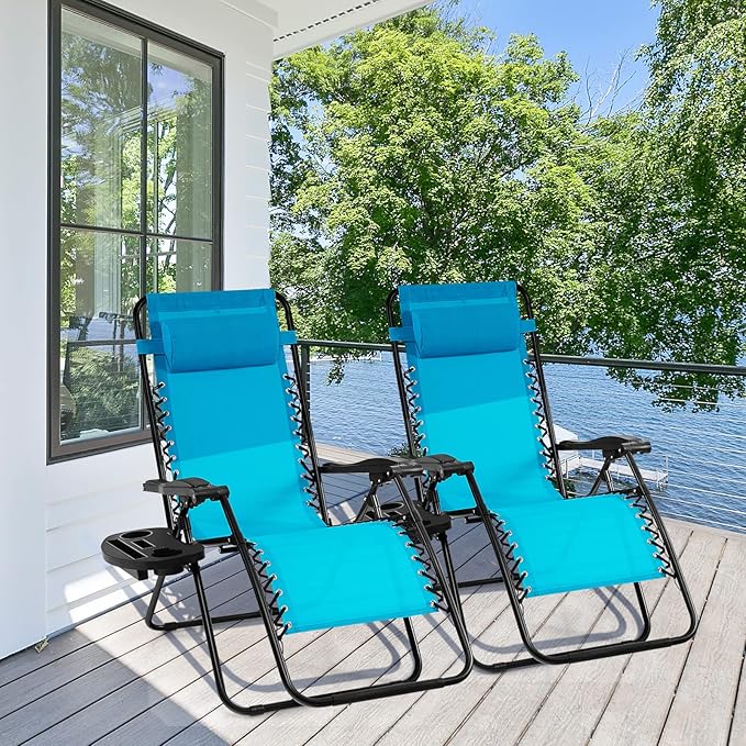 Giantex Zero Gravity Reclining Chair, Outdoor Patio Recliner with Cup Holder & Removable Pillow, Adjustable Backrest, Indoor Lounge Chair for Backyard, Garden, Poolside (Blue)