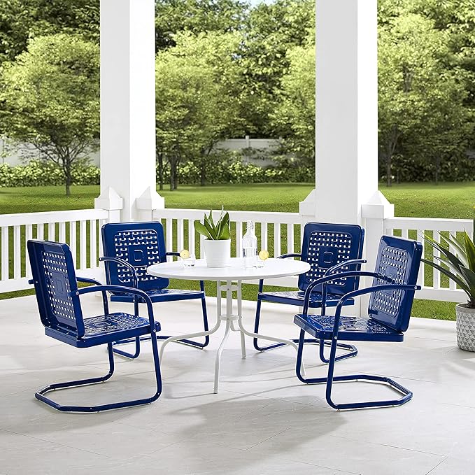 Crosley Furniture Bates 5-Piece Outdoor Dining Set for 4, Retro Metal Round Patio Table and Chairs for Deck, Navy Gloss