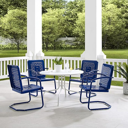 Crosley Furniture Bates 5-Piece Outdoor Dining Set for 4, Retro Metal Round Patio Table and Chairs for Deck, Navy Gloss