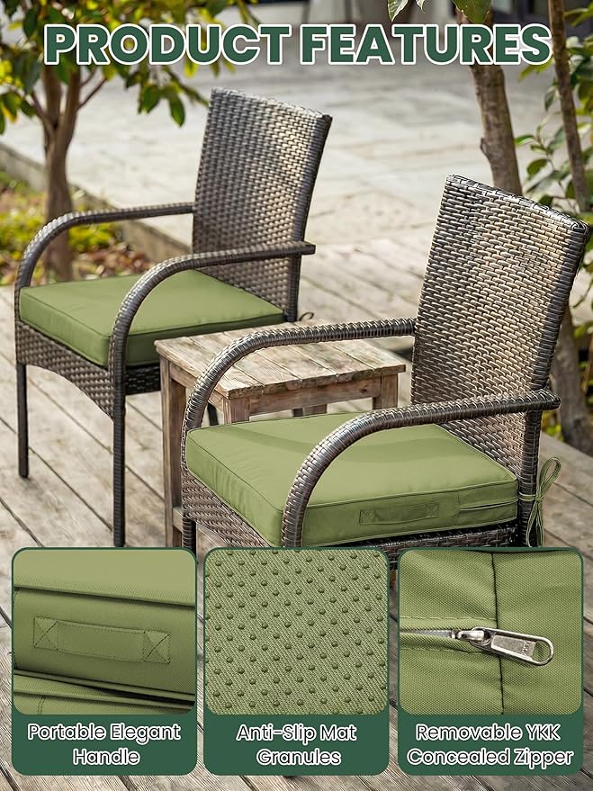 Outdoor Chair Cushion 17 x 16 x 3 Inches Patio Furniture Outdoor Waterproof Seat Cushion, Patio Chair Cushion with Handles and Ties, Square Dining Chair Cushion Set of 2, Light Green