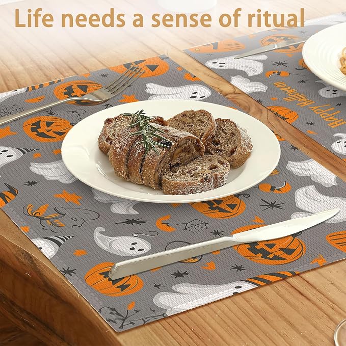 Placemats Set of 6,Pumpking Ghost Table Mats,Halloween Washable Linen Table Mats,Non-Slip Heat Resistant Placemats for Party Kitchen Dining Indoor Outdoor 12"x18"