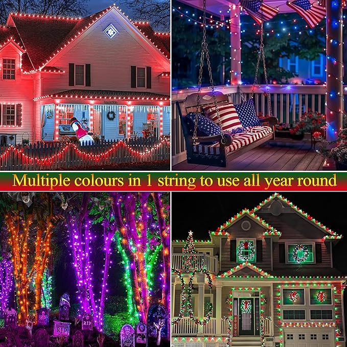 Joomer Red Blue White String Lights Outdoor, 100FT 300LED RGB Lights with Remote Timer Memory, Waterproof Indoor Outdoor 4th of July Independence Day Memorial Day Patriotic Yard Garden Decor