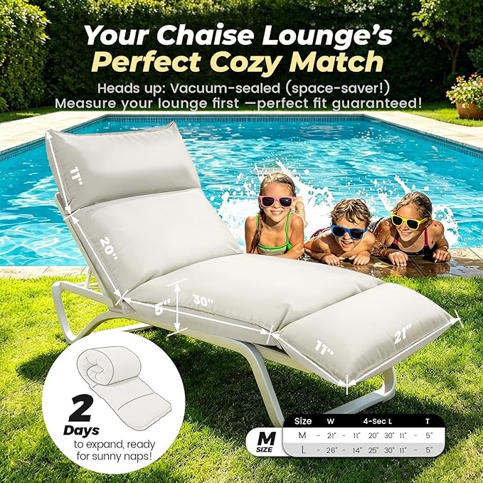 Outdoor Chaise Lounge Chair Cushion, Waterproof Non-Slip Patio Chaise Lounge Cushions for Outdoor Furniture, 72 x 21 x 5 Inches, Beige