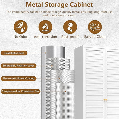 Polup 75" Kitchen Pantry Cabinet, White Metal Storage Cabinet with Doors and 4 Adjustable Shelves, Tall Metal Pantry Cabinets, Large Cupboard for Kitchen, Dining Living Room, Bathroom, Office