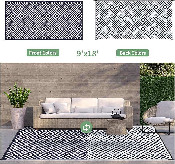 GENIMO Outdoor Rug, Waterproof Plastic Rugs 9'x18' for Camping Blue White | Outside Larger Modern Carpet Mat for Patio Decor, RV, Porch, Camper, Deck, Picnic, Beach, Backyard, Reversible, Foldable