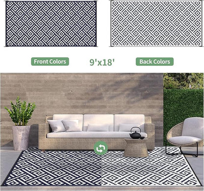 GENIMO Outdoor Rug, Waterproof Plastic Rugs 9'x18' for Camping Blue White | Outside Larger Modern Carpet Mat for Patio Decor, RV, Porch, Camper, Deck, Picnic, Beach, Backyard, Reversible, Foldable