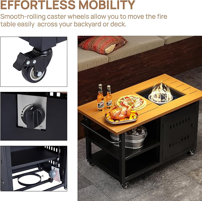 Outdoor Propane Fire Pit Table 44" with Lid & Wheels, Multifunctional Patio Fire Table with Storage Shelf, Steel Gas Firepit Dining Table for Backyard, Garden, Deck, Black