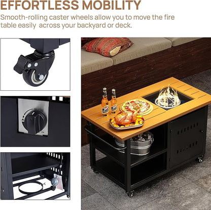 Outdoor Propane Fire Pit Table 44" with Lid & Wheels, Multifunctional Patio Fire Table with Storage Shelf, Steel Gas Firepit Dining Table for Backyard, Garden, Deck, Black