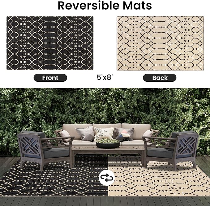 Smiry Outdoor Rug 5x8 ft Waterproof Reversible Boho Mat, Beige | Polypropylene Plastic Straw, Quick Drying, Lightweight Foldable, for Patio, Deck, RV Camping, Backyard and Indoor Outdoor Use