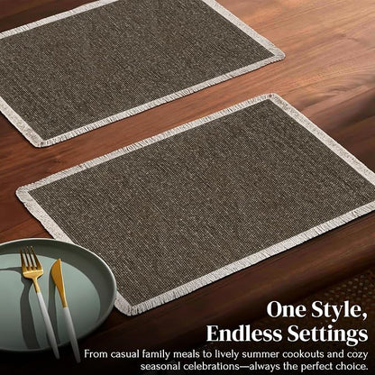 Hausattire Cotton Frayed Placemats Set of 6 Dining Table 13x19 Inch | Rustic Vintage Boho Washable Easter Placemat for Outdoor Parties BBQ's Wedding, Holiday,Nubby Cotton - Brown