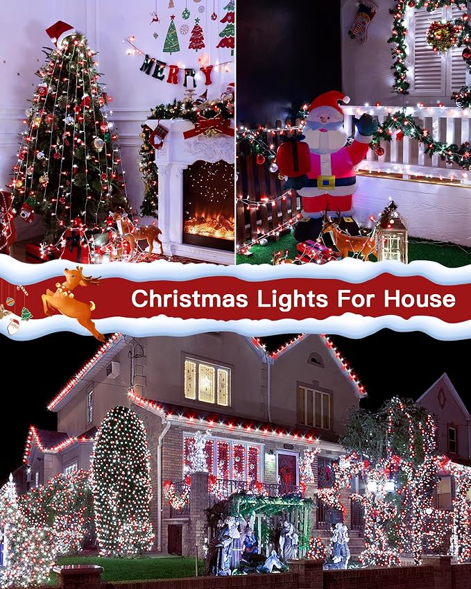 196FT 600 LED Christmas Lights Outdoor Waterproof, Timer & Memory Function, 8 Modes Red White String Lights Plug in Twinkle Lights for Xmas Tree Holiday Garden Indoor Party Decor