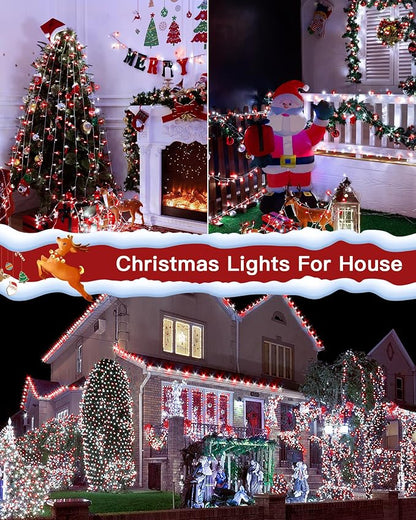 196FT 600 LED Christmas Lights Outdoor Waterproof, Timer & Memory Function, 8 Modes Red White String Lights Plug in Twinkle Lights for Xmas Tree Holiday Garden Indoor Party Decor
