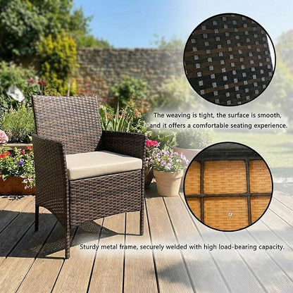 GarveeLife 3 Pieces Patio Furniture Set, Outdoor Furniture Sets with Cushions and Tempered Glass Table for Porch & Garden, Brown Wicker/Beige Cushions